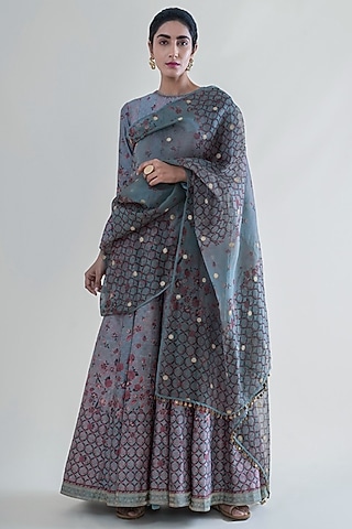 Stone Grey Banarasi Anarkali Set by Ekaya