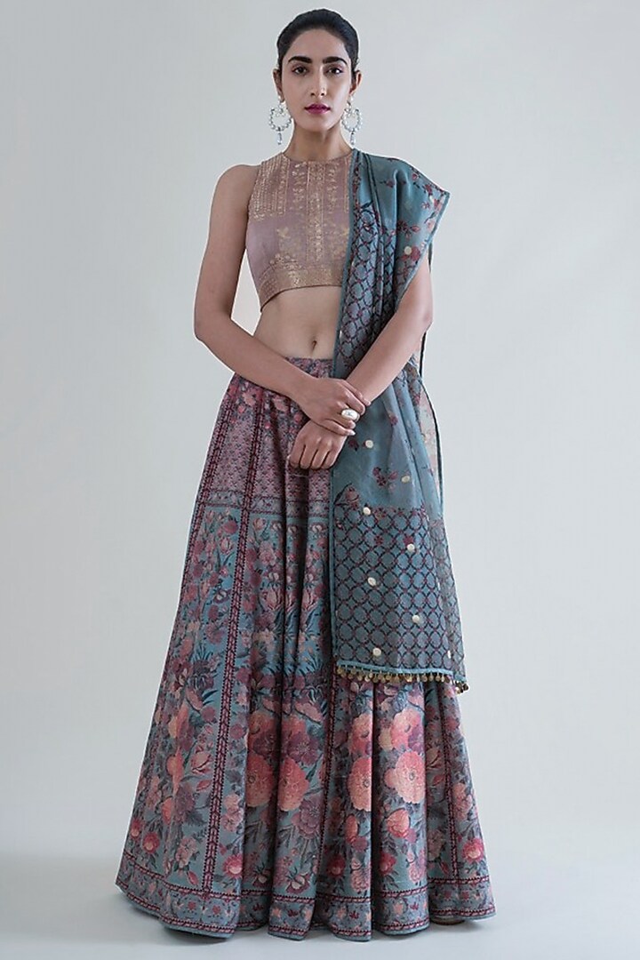Stone Grey & Mint Green Banarasi Wedding Lehenga Set by Ekaya at Pernia's Pop Up Shop