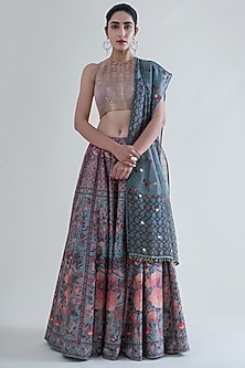 Stone Grey & Mint Green Banarasi Lehenga Set by Ekaya-STUNNING BROCADES