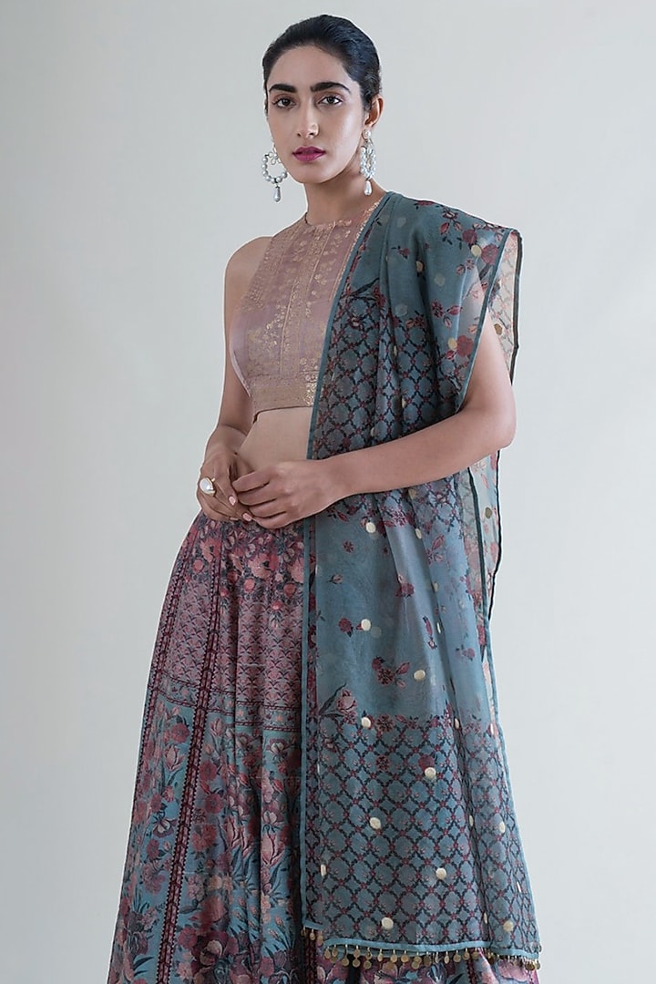 Stone Grey & Mint Green Banarasi Wedding Lehenga Set by Ekaya at Pernia's Pop Up Shop