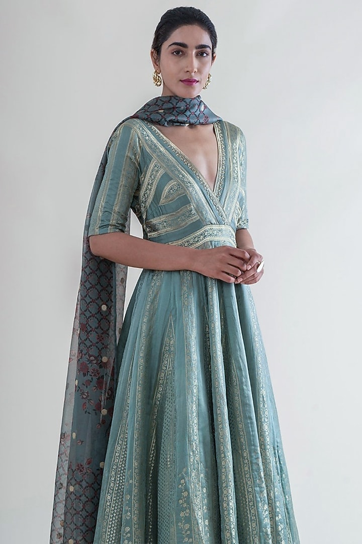 Mint Green Banarasi Bridal Anarkali Set by Ekaya at Pernia's Pop Up Shop