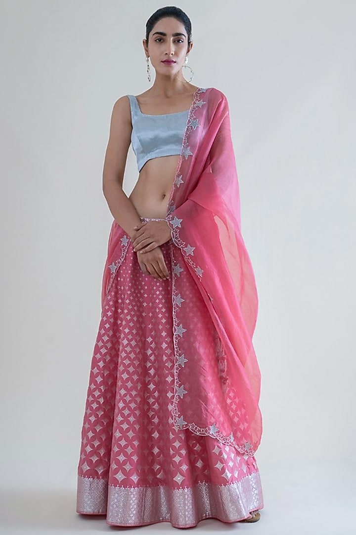 Pink Banarasi Lehenga With Dupatta by Ekaya