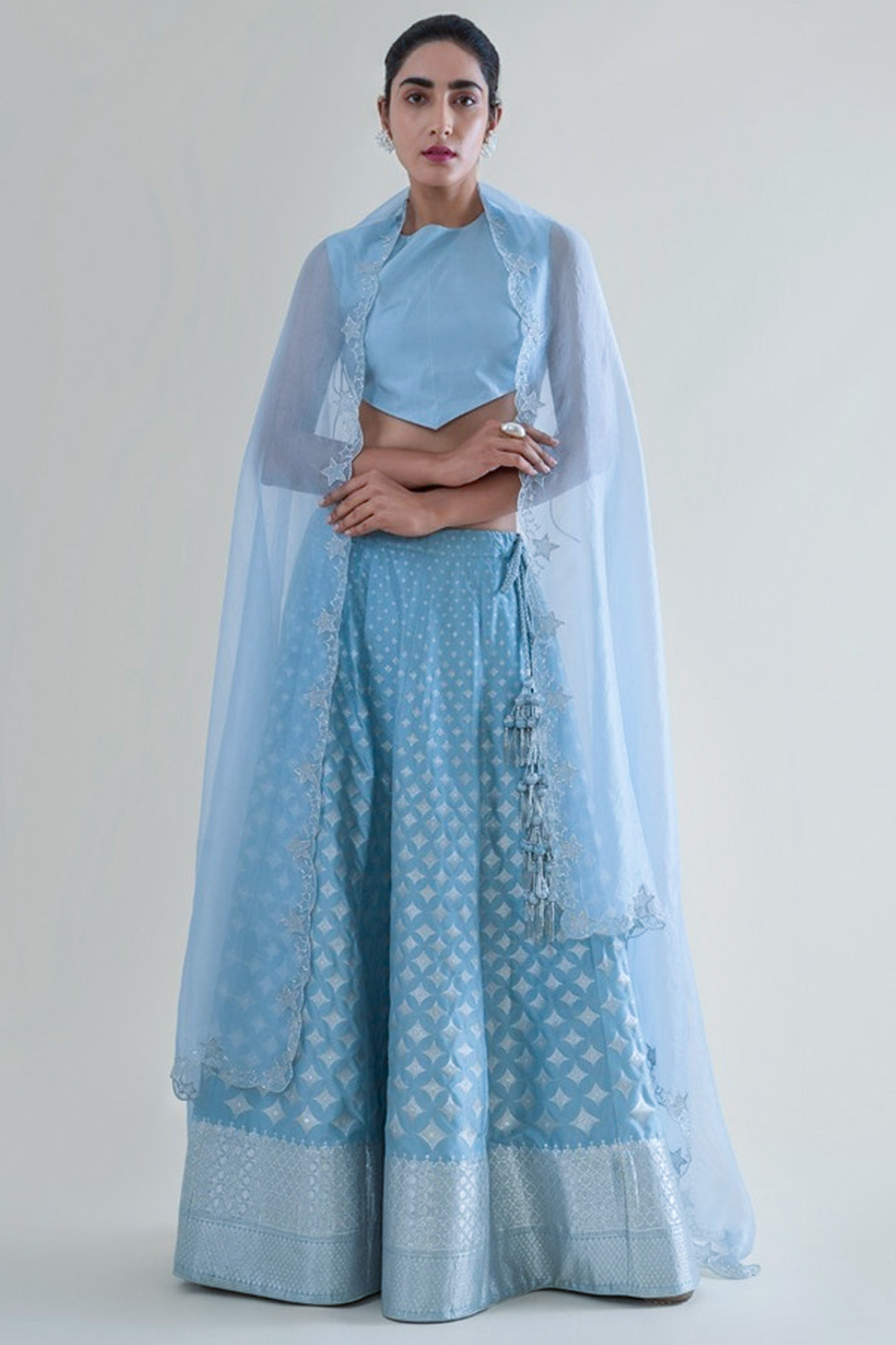 Sky Blue Banarasi Lehenga With Dupatta by Ekaya