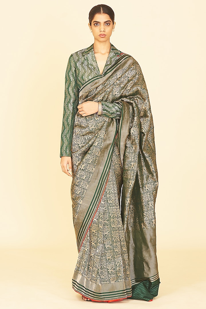 Bottle Green Silk Handwoven Saree by Ekaya