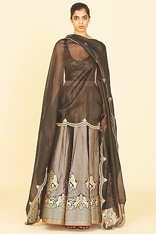 Black Silk Handwoven Lehenga Set by Ekaya