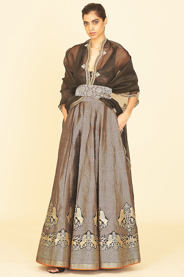 Black Silk Handwoven Bridal Lehenga Set by Ekaya at Pernia's Pop Up Shop