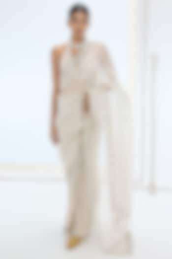 Champagne Pure Tissue Silk Hand Embroidered Handwoven Wedding Saree Set by Ekaya at Pernia's Pop Up Shop