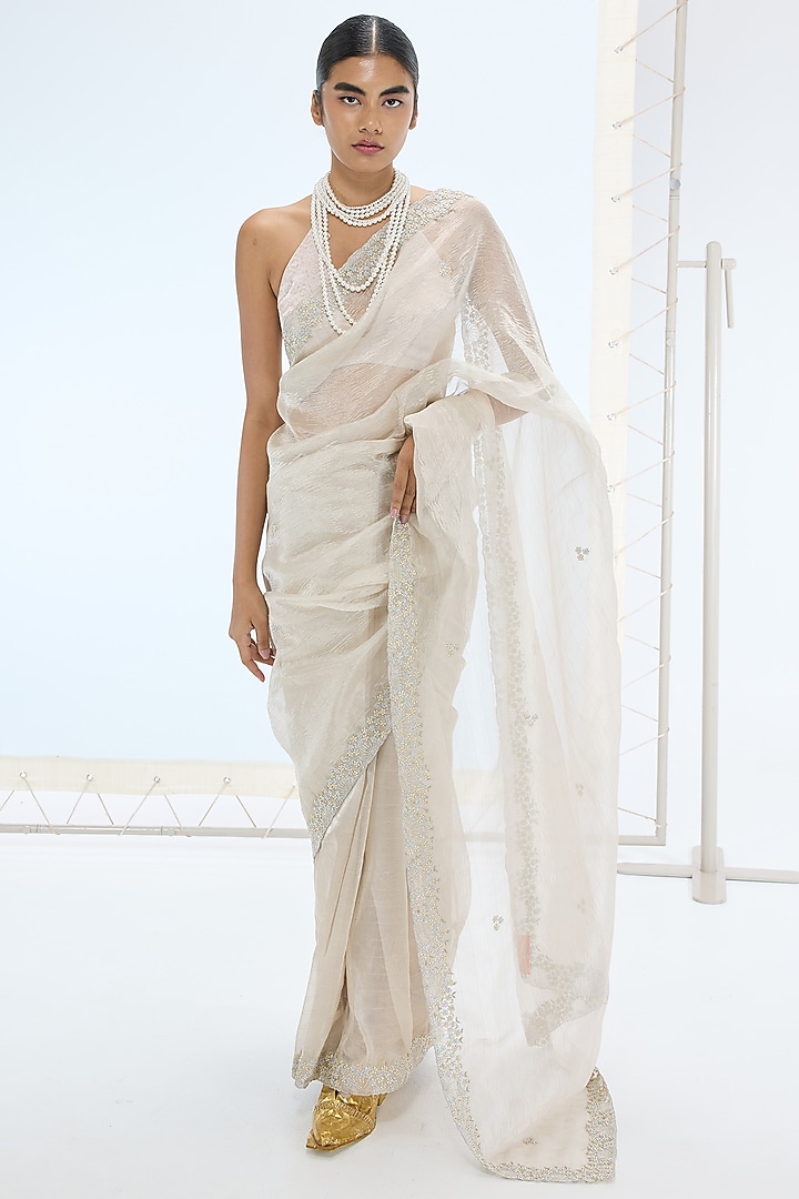 Champagne Pure Tissue Silk Hand Embroidered Handwoven Wedding Saree Set by Ekaya at Pernia's Pop Up Shop