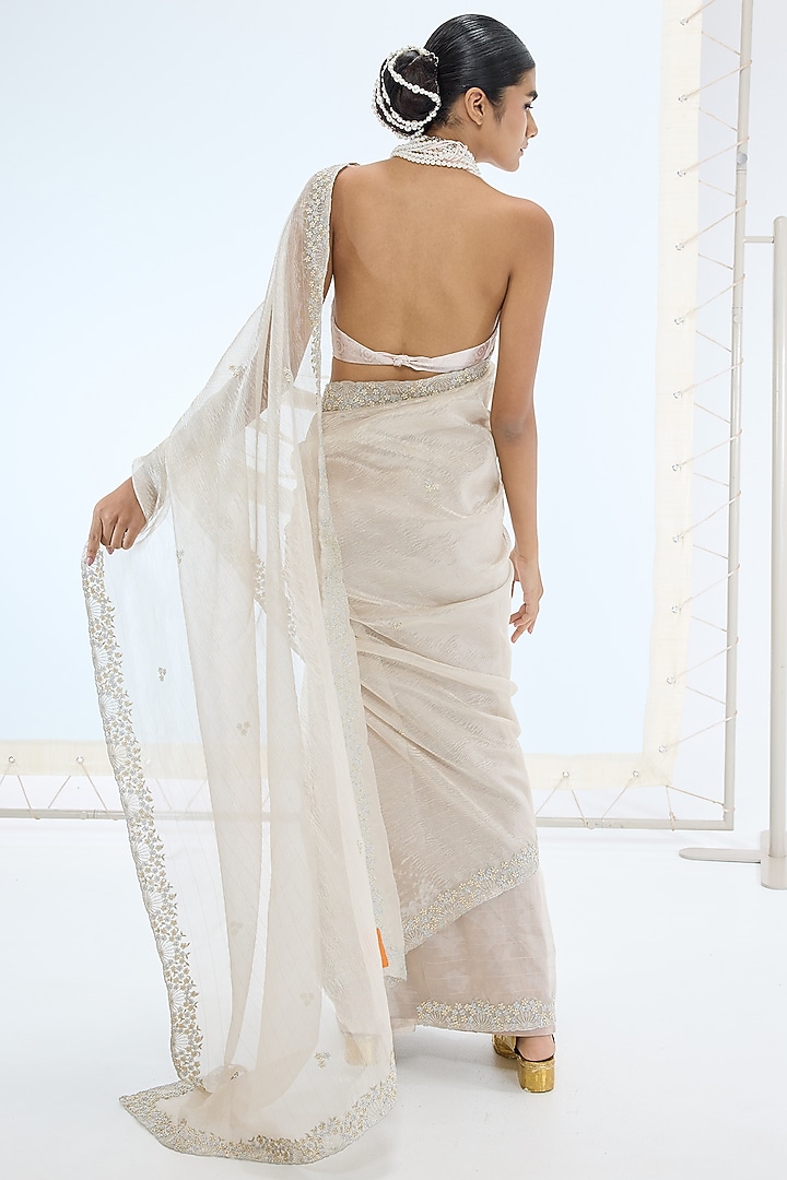 Champagne Pure Tissue Silk Hand Embroidered Handwoven Wedding Saree Set by Ekaya at Pernia's Pop Up Shop