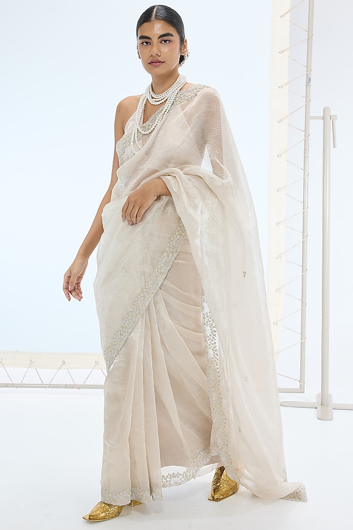 Champagne Pure Tissue Silk Hand Embroidered Handwoven Wedding Saree Set by Ekaya at Pernia's Pop Up Shop