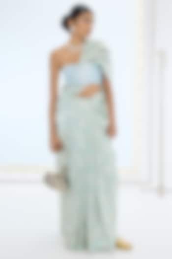 Turquoise Blue Banarasi Organza Hand Embroidered Reception Saree Set by Ekaya at Pernia's Pop Up Shop