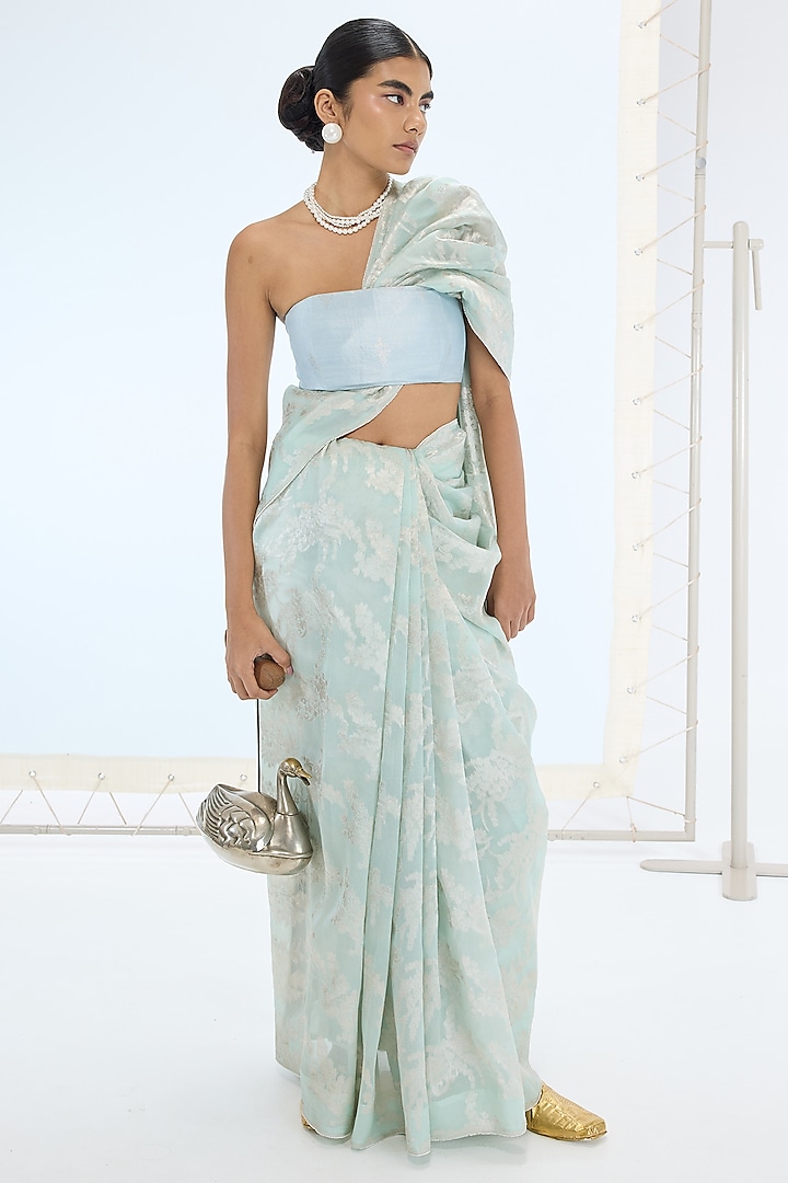 Turquoise Blue Banarasi Organza Hand Embroidered Reception Saree Set by Ekaya at Pernia's Pop Up Shop