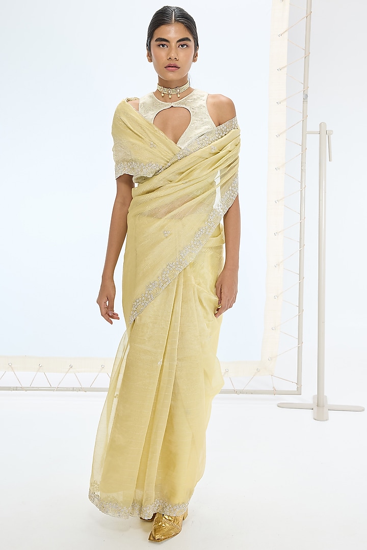 Lemon Yellow Tissue Silk Hand Embroidered Handwoven Wedding Saree Set by Ekaya at Pernia's Pop Up Shop