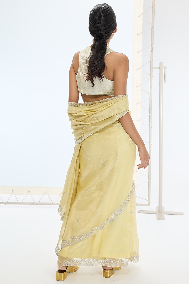 Lemon Yellow Tissue Silk Hand Embroidered Handwoven Wedding Saree Set by Ekaya at Pernia's Pop Up Shop