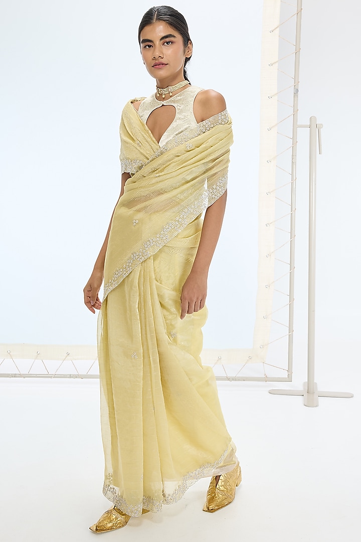 Lemon Yellow Tissue Silk Hand Embroidered Handwoven Wedding Saree Set by Ekaya at Pernia's Pop Up Shop