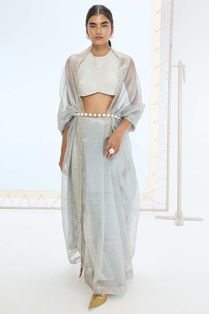 Sea Green Tissue Silk Hand Embroidered Handwoven Wedding Saree Set by Ekaya at Pernia's Pop Up Shop