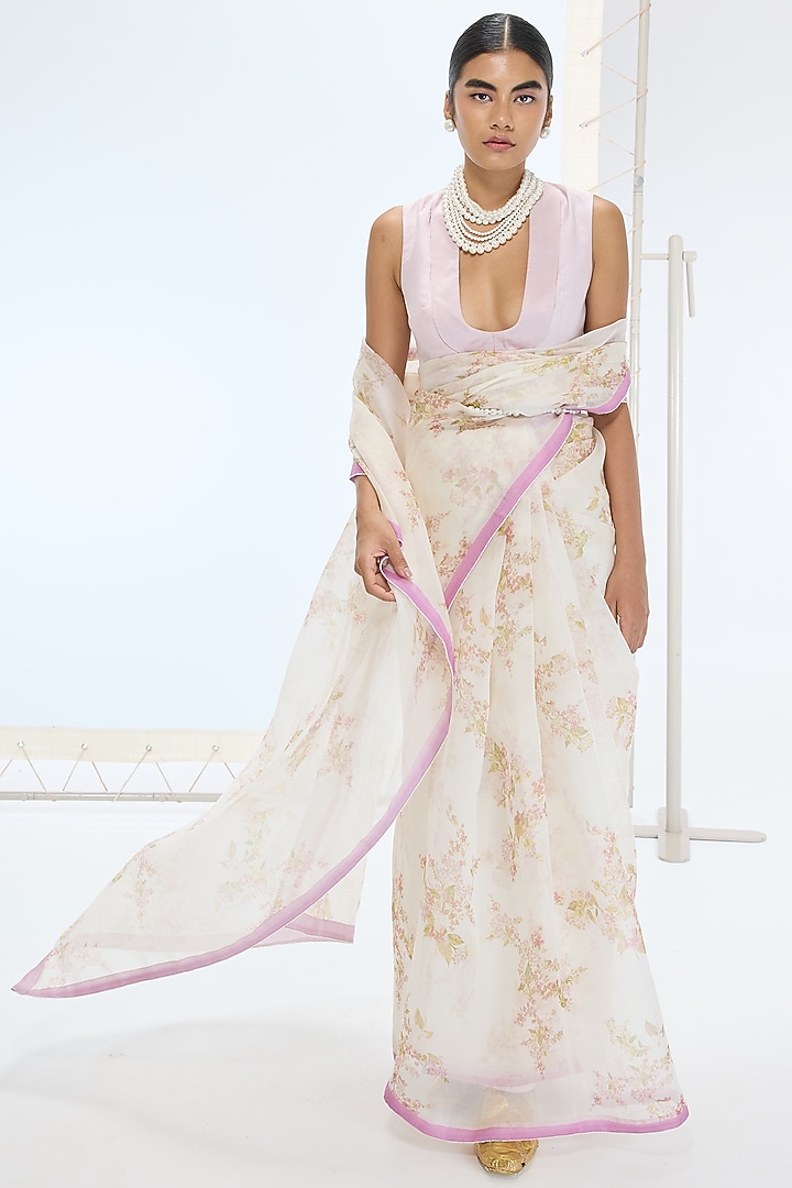 Off-White Pure Organza Printed & Embroidered Handwoven Party Wear Saree Set by Ekaya at Pernia's Pop Up Shop