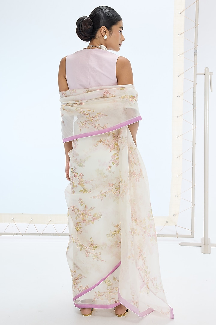 Off-White Pure Organza Printed & Embroidered Handwoven Party Wear Saree Set by Ekaya at Pernia's Pop Up Shop
