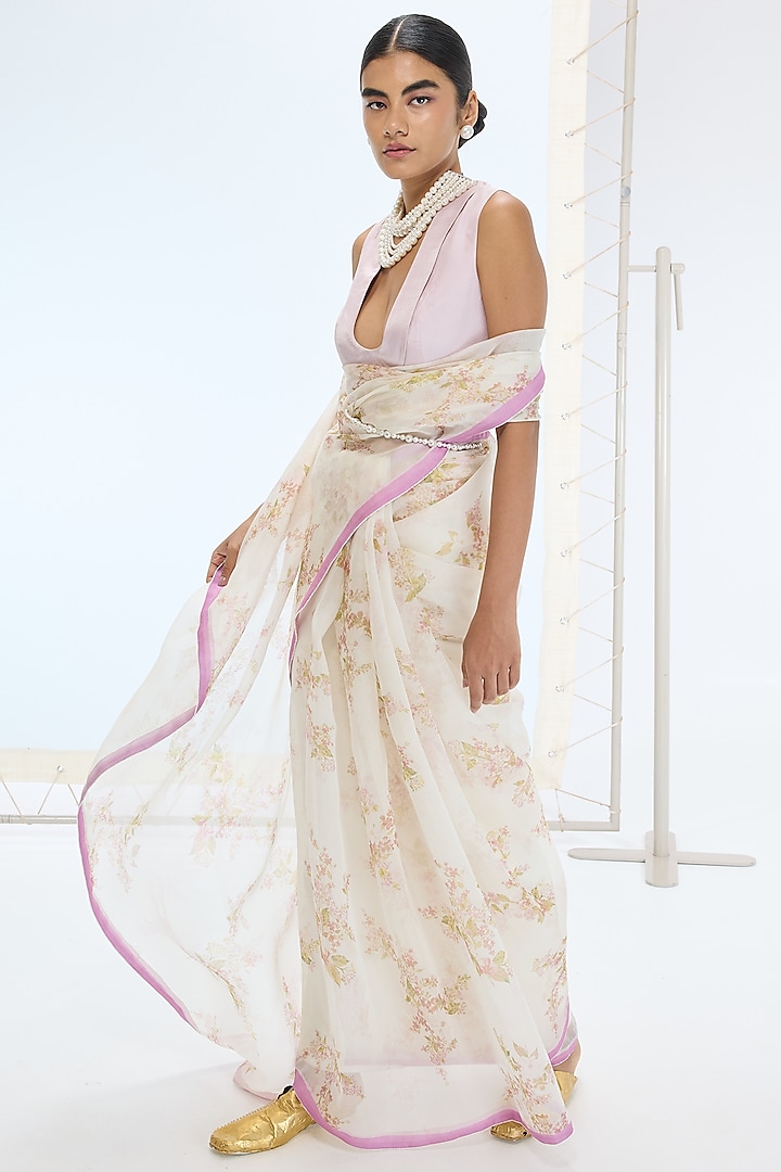 Off-White Pure Organza Printed & Embroidered Handwoven Party Wear Saree Set by Ekaya at Pernia's Pop Up Shop