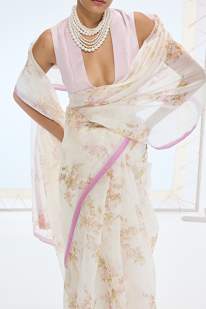 Off-White Pure Organza Printed & Embroidered Handwoven Party Wear Saree Set by Ekaya at Pernia's Pop Up Shop
