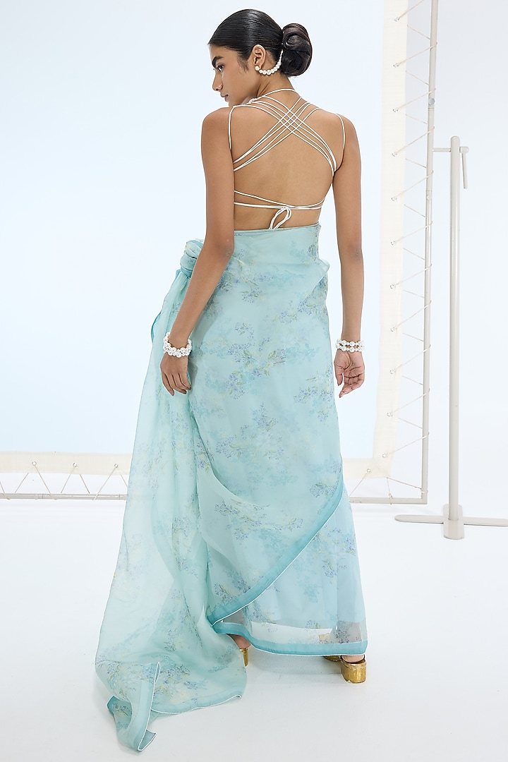 Sea Green Pure Organza Printed & Embroidered Handwoven Party Wear Saree Set by Ekaya at Pernia's Pop Up Shop