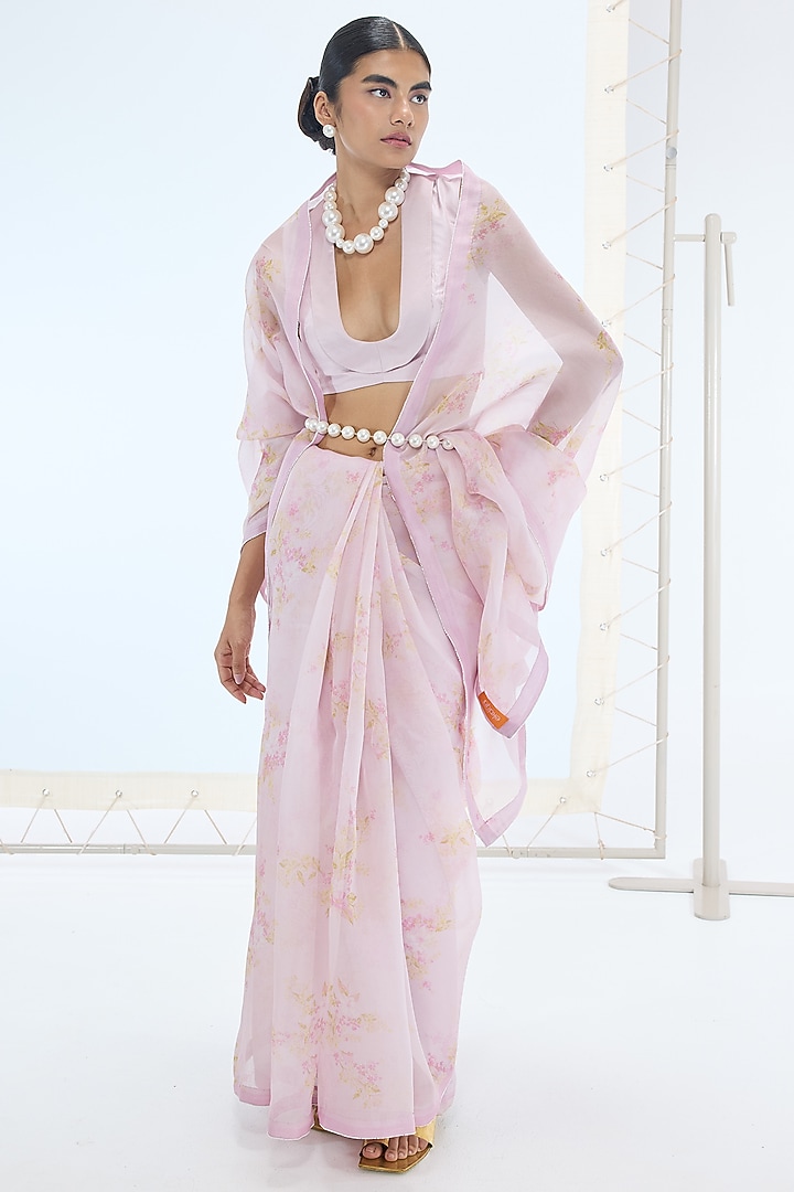 Pink Pure Organza Printed & Embroidered Handwoven Party Wear Saree Set by Ekaya at Pernia's Pop Up Shop