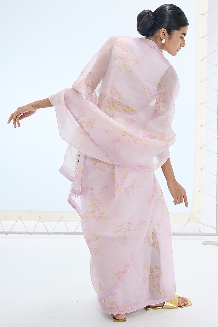 Pink Pure Organza Printed & Embroidered Handwoven Party Wear Saree Set by Ekaya at Pernia's Pop Up Shop