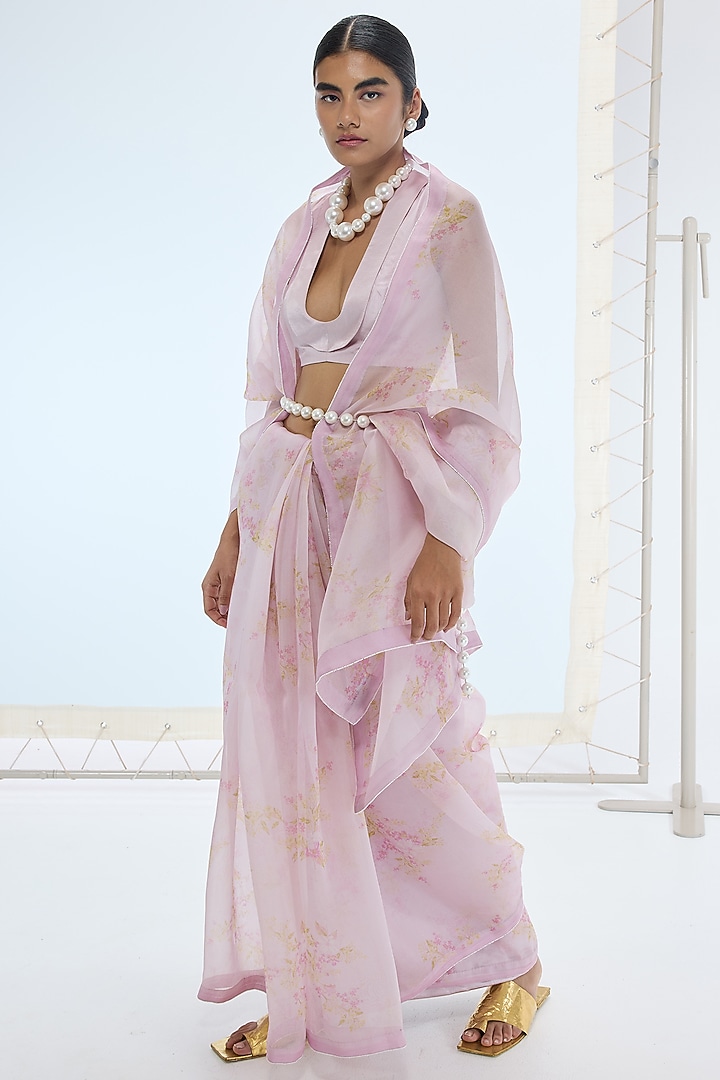 Pink Pure Organza Printed & Embroidered Handwoven Party Wear Saree Set by Ekaya at Pernia's Pop Up Shop
