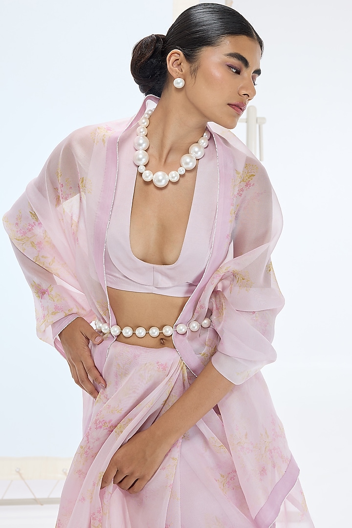 Pink Pure Organza Printed & Embroidered Handwoven Party Wear Saree Set by Ekaya at Pernia's Pop Up Shop
