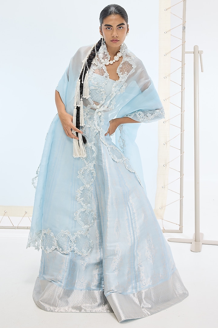 Aqua Green Pure Katan Silk Hand Embroidered Wedding Lehenga Set by Ekaya at Pernia's Pop Up Shop