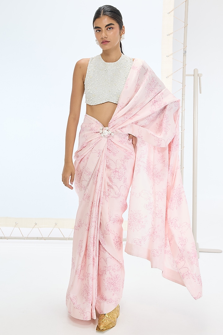 Soft Pink Habutai Silk Printed & Embroidered Handwoven Party Wear Saree Set by Ekaya at Pernia's Pop Up Shop