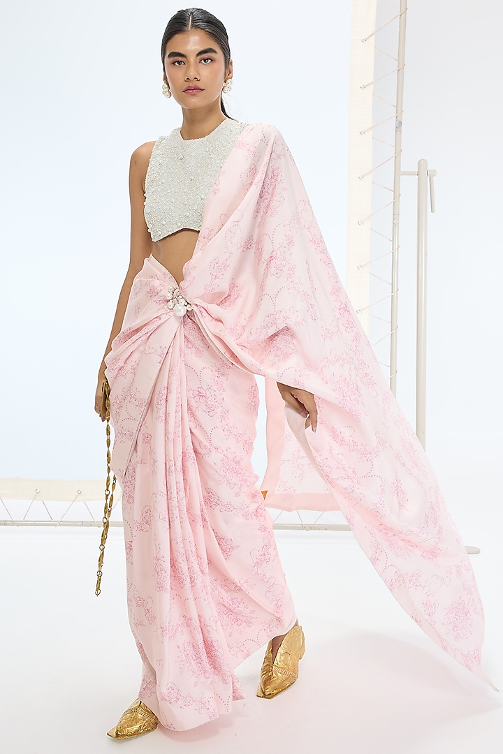 Soft Pink Habutai Silk Printed & Embroidered Handwoven Party Wear Saree Set by Ekaya at Pernia's Pop Up Shop