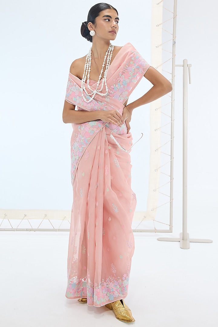 Pink Pure Organza Silk Handwoven Bridal Saree Set by Ekaya at Pernia's Pop Up Shop