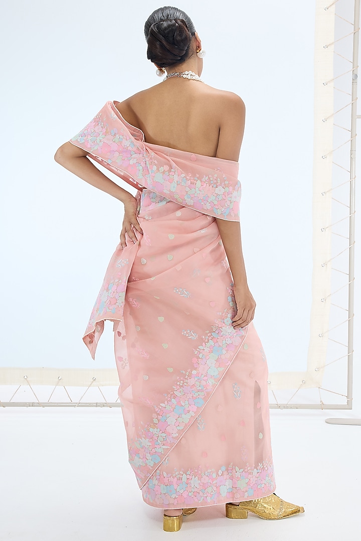 Pink Pure Organza Silk Handwoven Bridal Saree Set by Ekaya at Pernia's Pop Up Shop