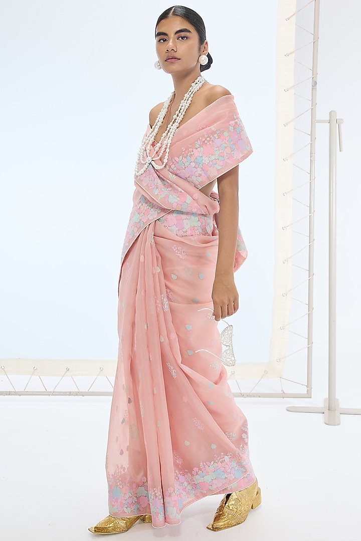 Pink Pure Organza Silk Handwoven Bridal Saree Set by Ekaya at Pernia's Pop Up Shop