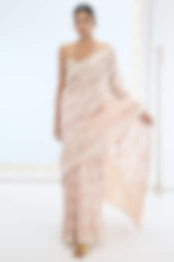 Peach Pure Organza Hand Embroidered Handwoven Reception Saree Set by Ekaya at Pernia's Pop Up Shop