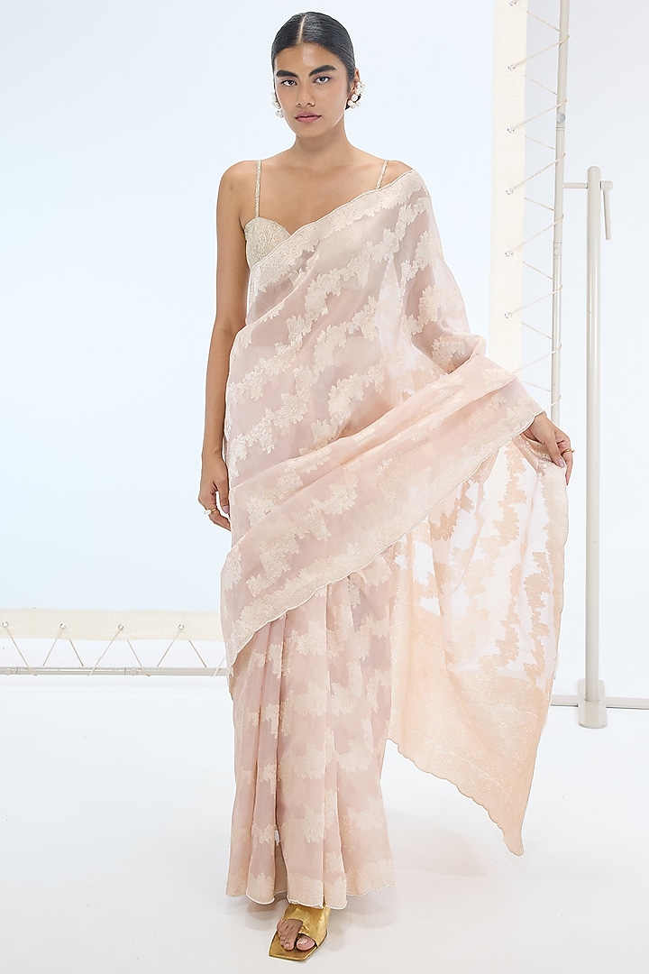 Peach Pure Organza Hand Embroidered Handwoven Reception Saree Set by Ekaya at Pernia's Pop Up Shop