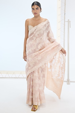 Peach Pure Organza Hand Embroidered Handwoven Saree Set by Ekaya