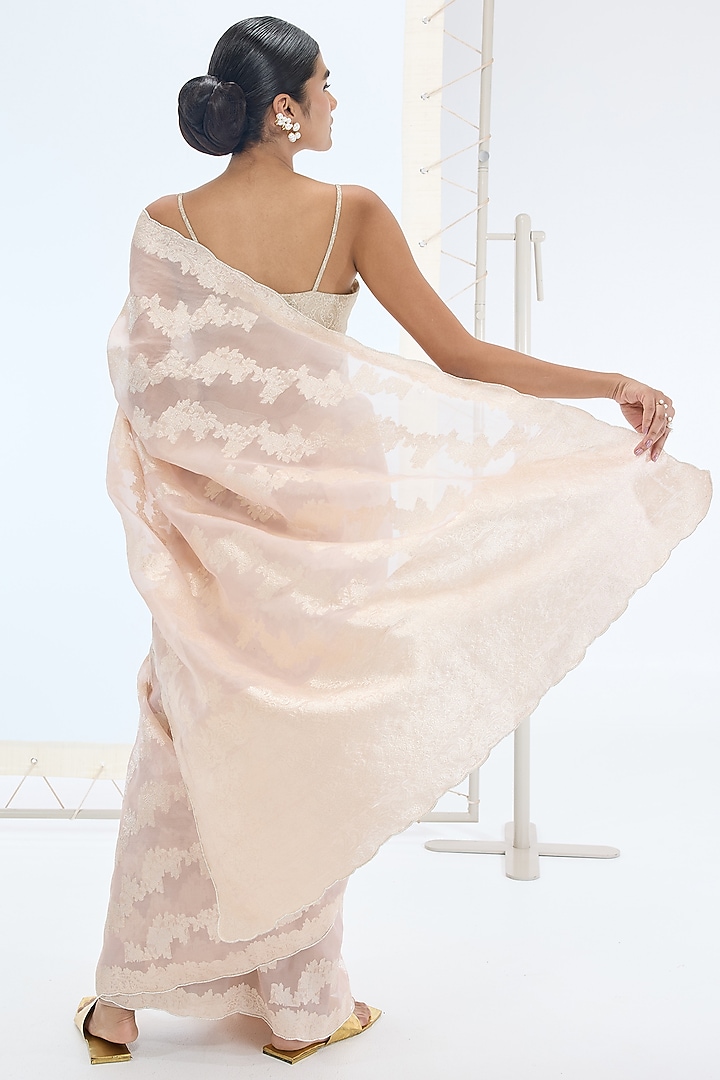 Peach Pure Organza Hand Embroidered Handwoven Reception Saree Set by Ekaya at Pernia's Pop Up Shop