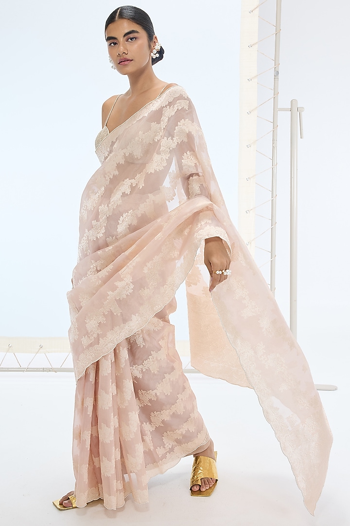 Peach Pure Organza Hand Embroidered Handwoven Reception Saree Set by Ekaya at Pernia's Pop Up Shop