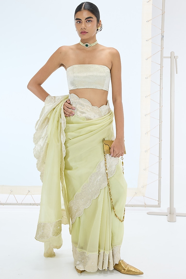 Pistachio Green Pure Organza Hand Embroidered Handwoven Wedding Saree Set by Ekaya at Pernia's Pop Up Shop
