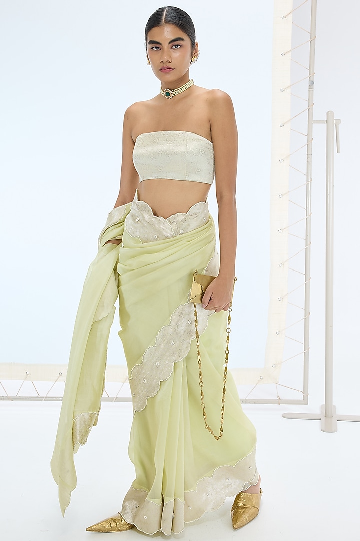 Pistachio Green Pure Organza Hand Embroidered Handwoven Wedding Saree Set by Ekaya at Pernia's Pop Up Shop