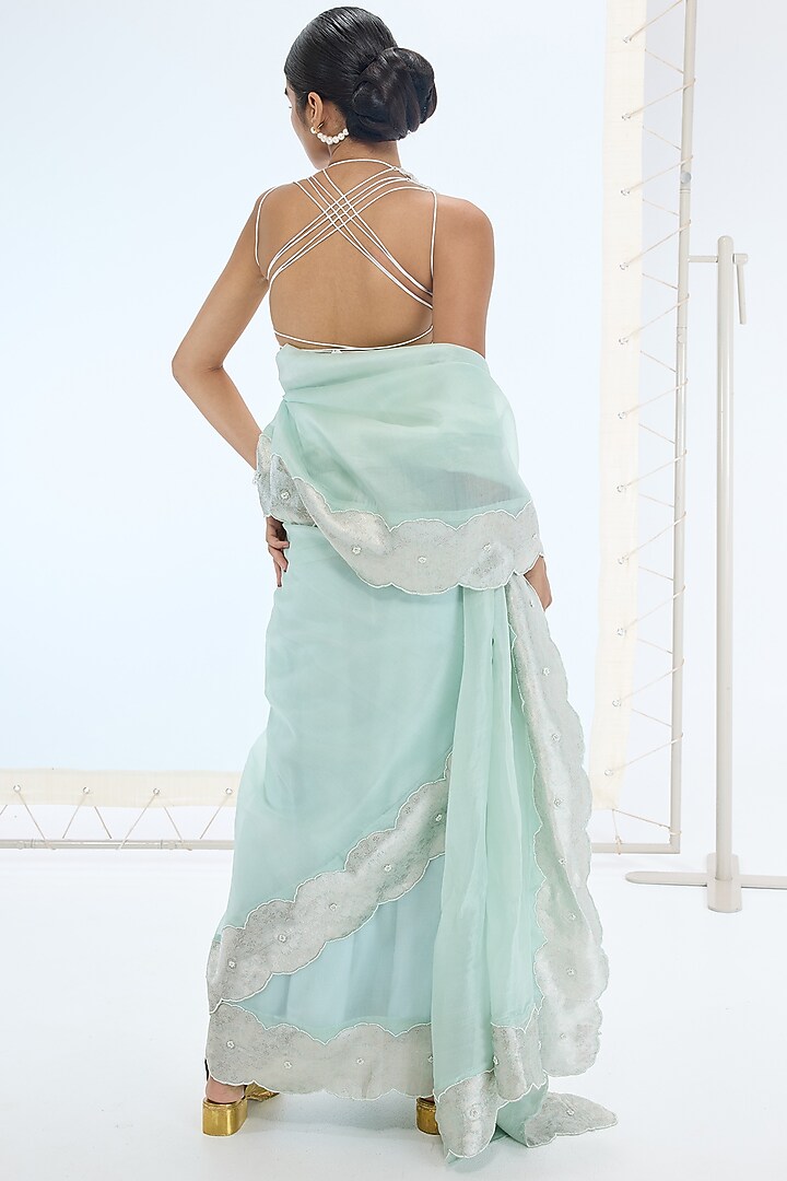 Sea Green Pure Organza Hand Embroidered Handwoven Wedding Saree Set by Ekaya at Pernia's Pop Up Shop