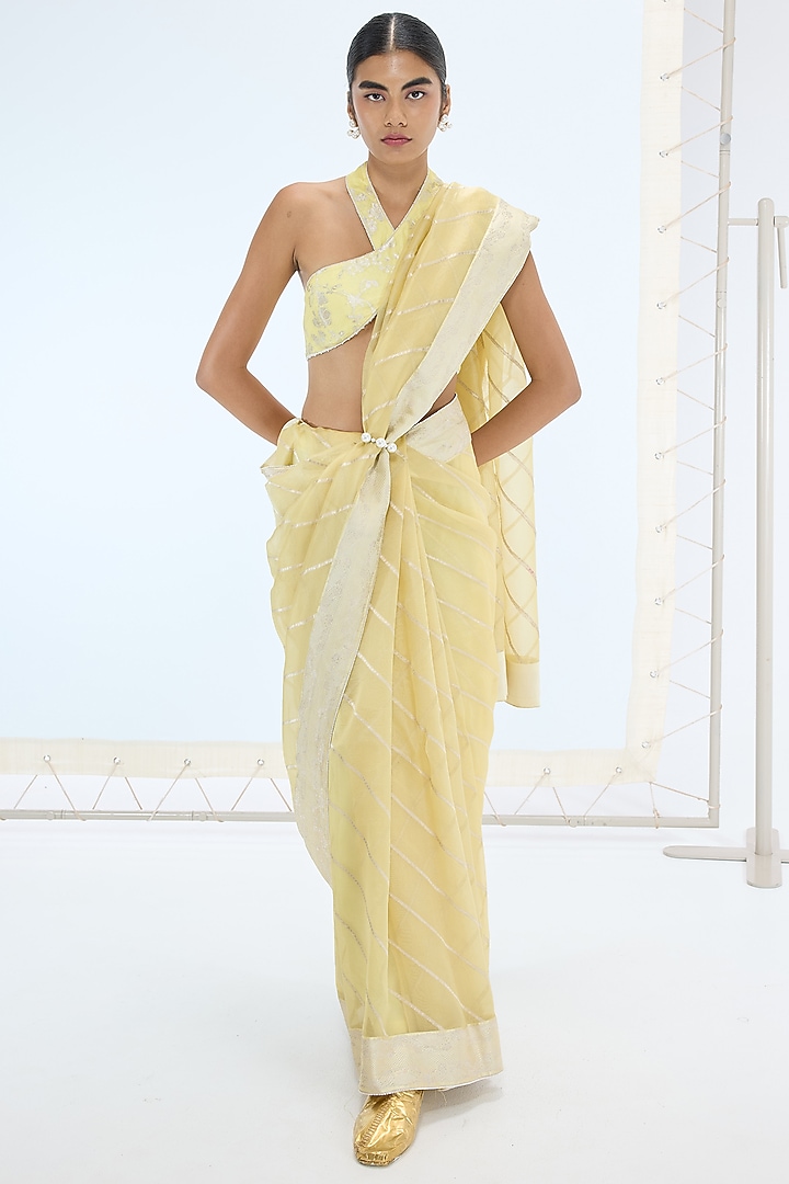 Lemon Yellow Pure Organza Silk Hand Embroidered Handwoven Wedding Saree Set by Ekaya at Pernia's Pop Up Shop