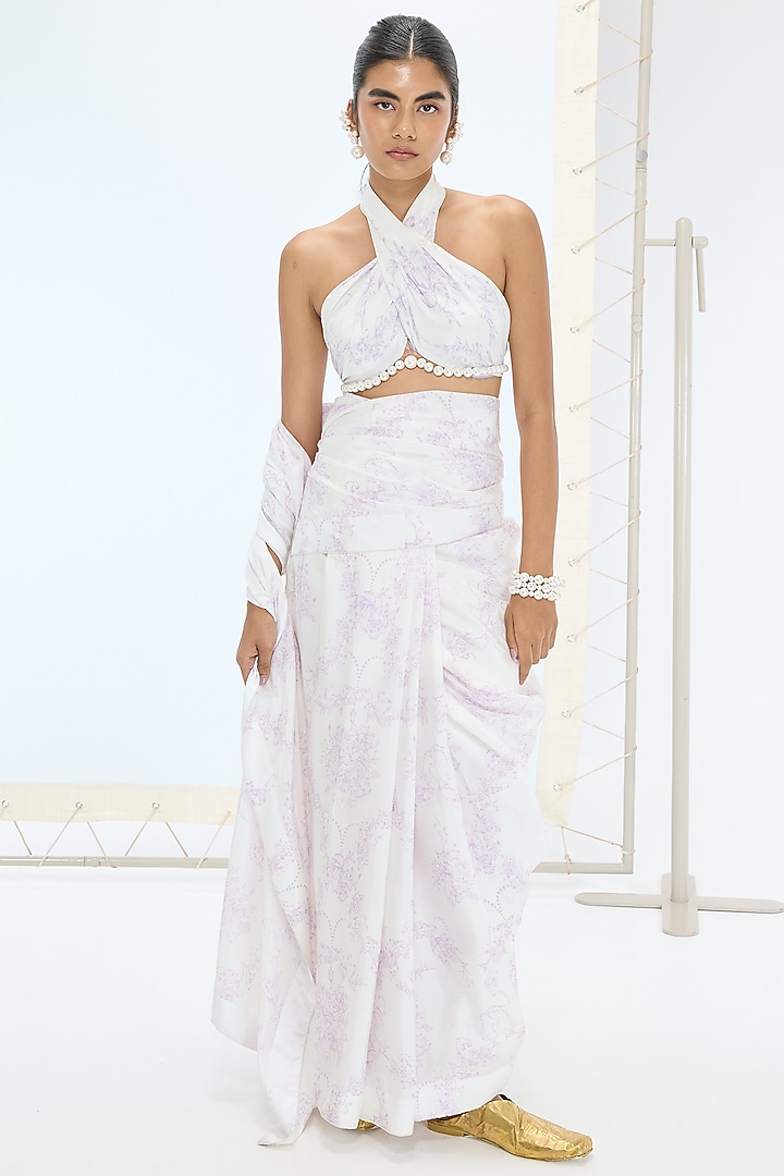 Off-White Habutai Silk Printed & Embroidered Handwoven Party Wear Saree Set by Ekaya at Pernia's Pop Up Shop