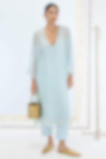 Aqua Green Organza Silk Pearl Embroidered Kurta Set by Ekaya at Pernia's Pop Up Shop