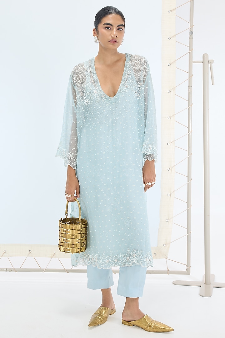 Aqua Green Organza Silk Pearl Embroidered Kurta Set by Ekaya at Pernia's Pop Up Shop