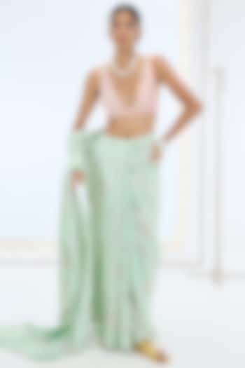 Pista Green Habutai Silk Printed & Embroidered Handwoven Party Wear Saree Set by Ekaya at Pernia's Pop Up Shop