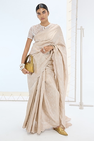 Peach Pure Tissue Silk Hand Embroidered Handwoven Saree Set by Ekaya