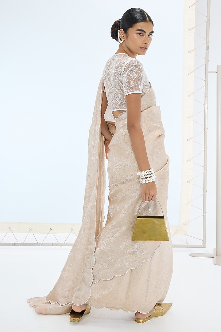 Peach Pure Tissue Silk Hand Embroidered Handwoven Wedding Saree Set by Ekaya at Pernia's Pop Up Shop